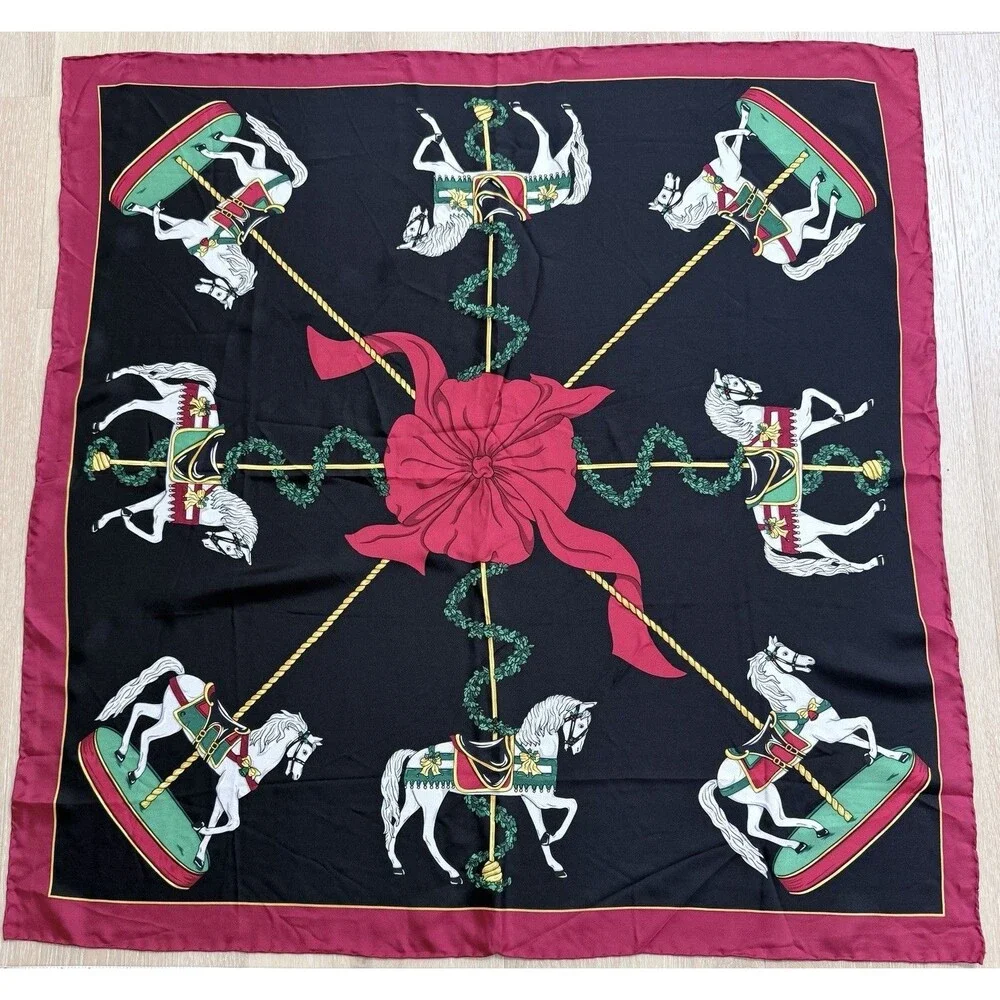 VTG 2026 Year of the Horse Silk Scarf - Red Gold Equestrian Carousel Old Money